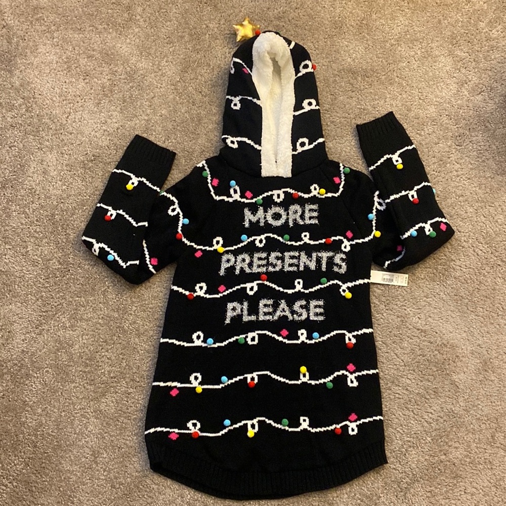 Hooded Christmas Sweater-More Presents Please-No Boundaries Medium NWT